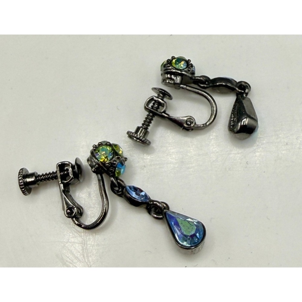 Givenchy Vintage Iridescent Crystal Drop Screw Back Earrings Gunmetal Blue Green - Picture 4 of 8